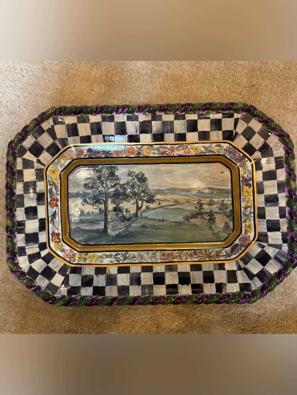 Vintage MacKenzie Childs Maclachlan Hors d'Oeuvre Tray Checks Floral 1991